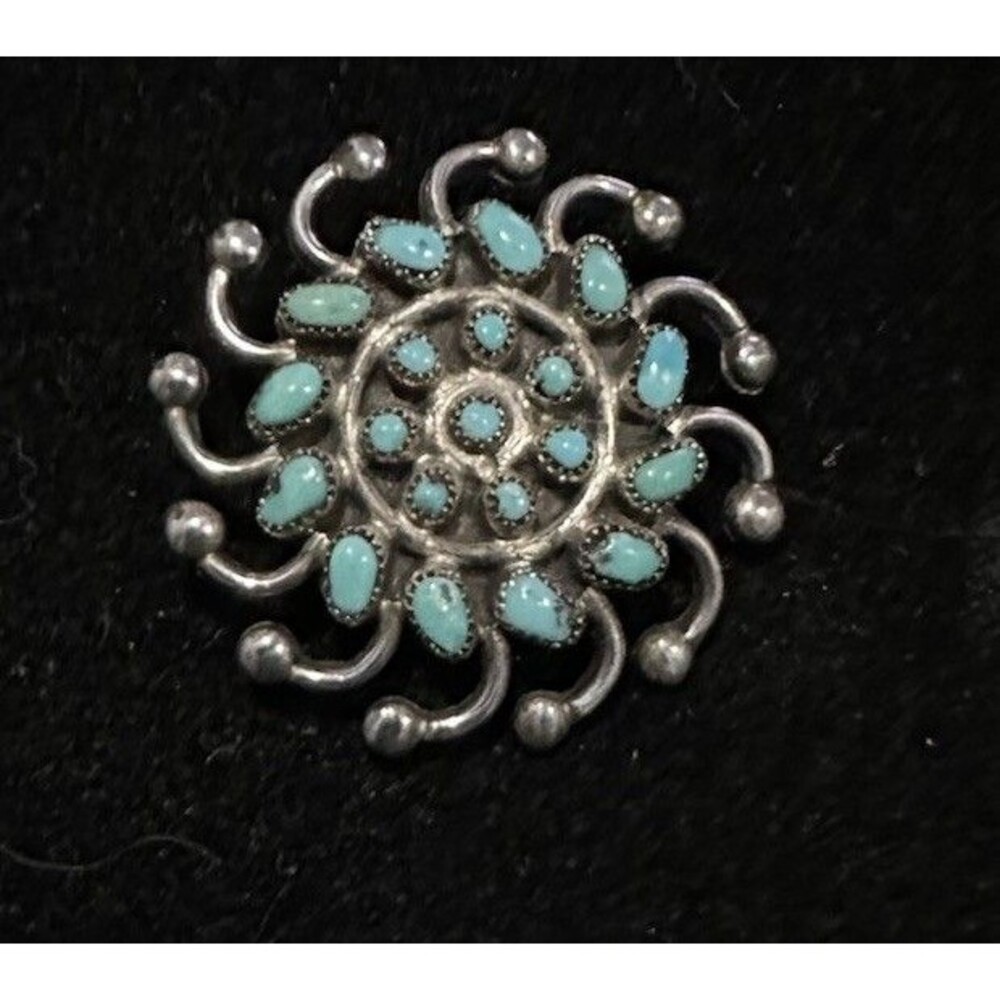 Vintage ZUNI Sterling Silver SNAKE EYE TURQUOISE Petit Point PIN/BROOCH Round